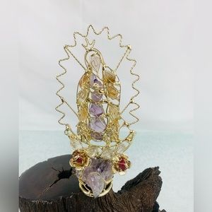 Handcrafted Tumbaga Wire, Quartz, and Gemstone Virgin Mary Sculpture Art Decor